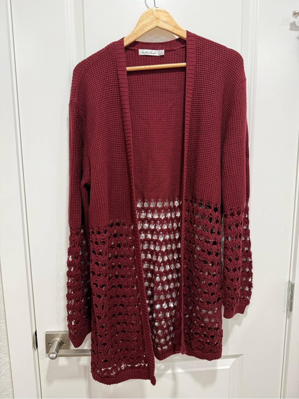 Another Love Burgundy Open-Front Crochet Hem Cardigan Size Small Boho Chic